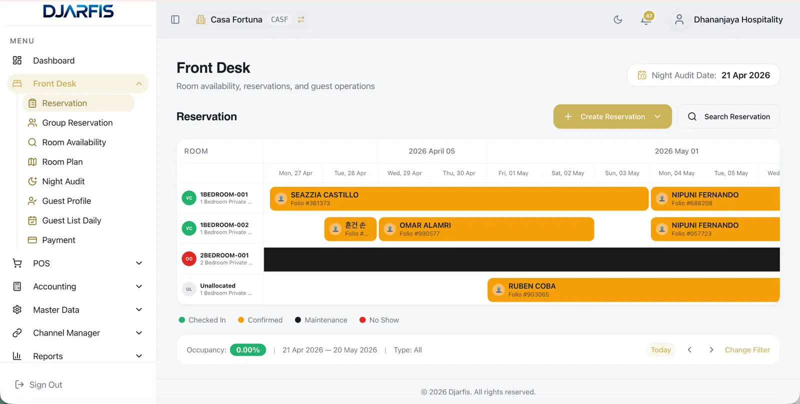 Djarfis Front Desk reservations timeline